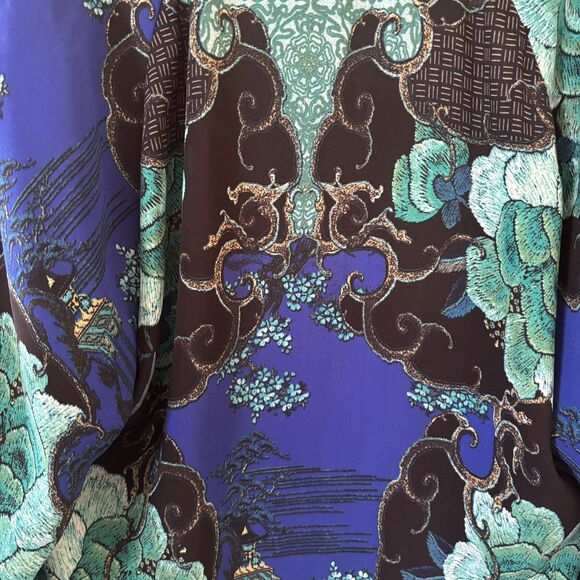 Chicos Open Wrap Top Asian Inspired Art to Wear SZ 1 Boho Blue Colorful Glam 90s - Picture 9 of 13